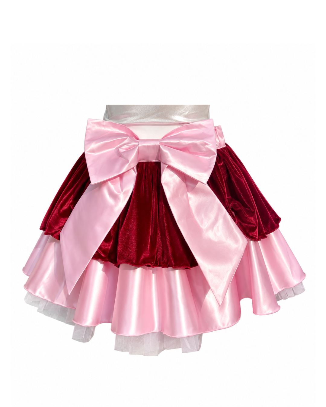 Back view of pink satin and burgundy velvet Christmas running skirt with oversized light pink satin bow.
