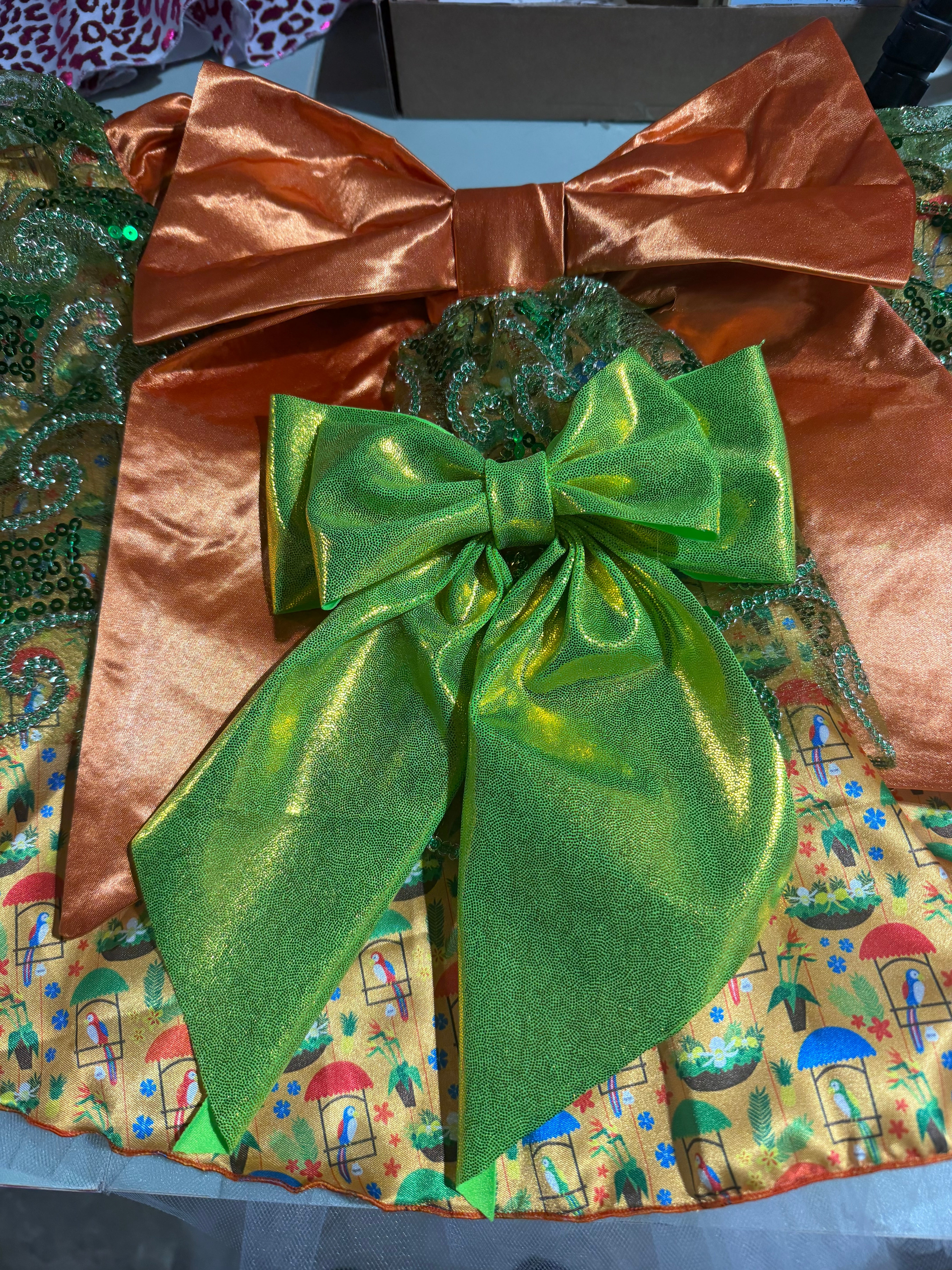 Enchanted Tiki Room Inspired Running Skirt – Tropical Elegance Performance Tutu with Scroll Overlay & Statement Bow