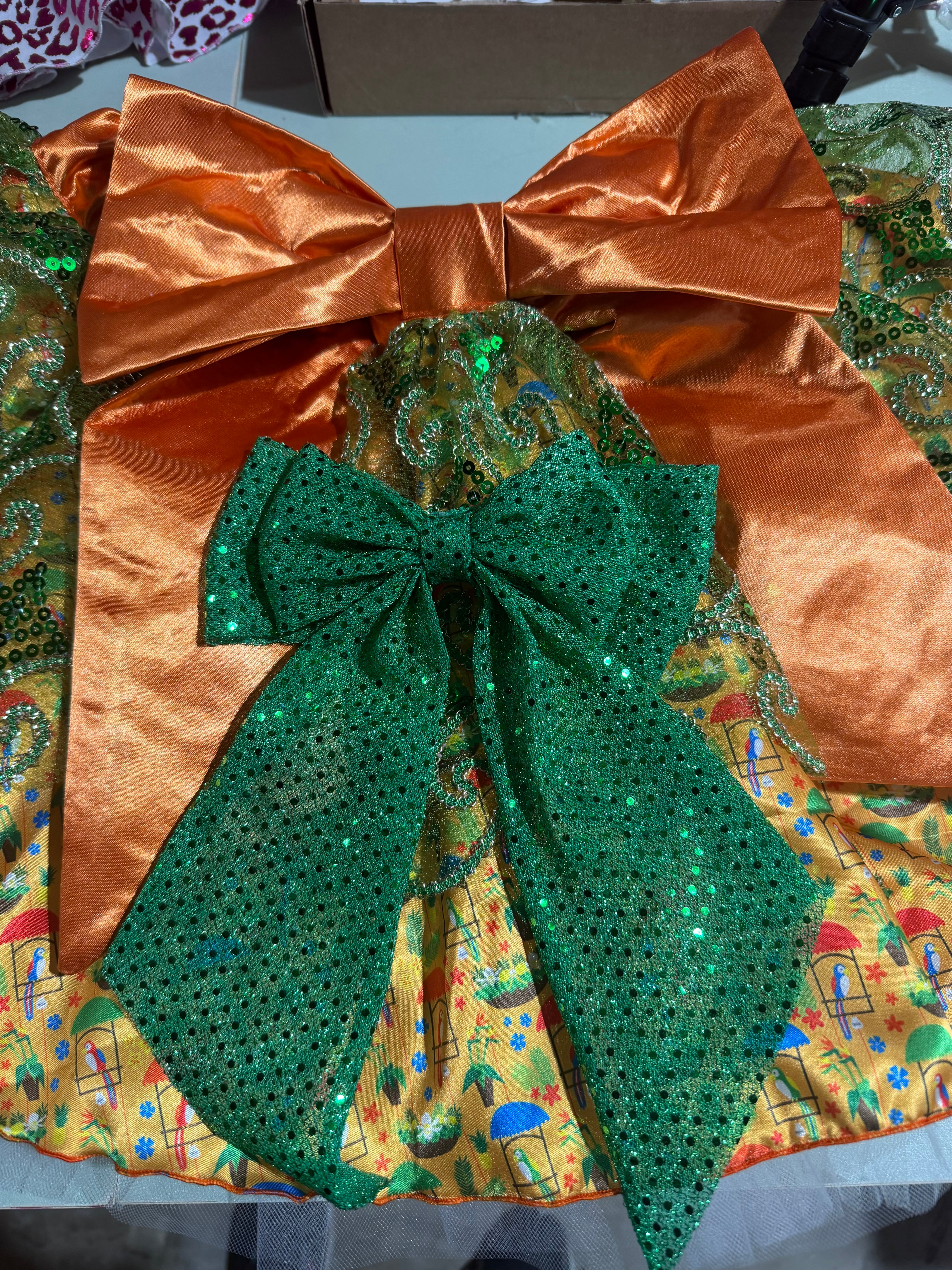 Enchanted Tiki Room Inspired Running Skirt – Tropical Elegance Performance Tutu with Scroll Overlay & Statement Bow