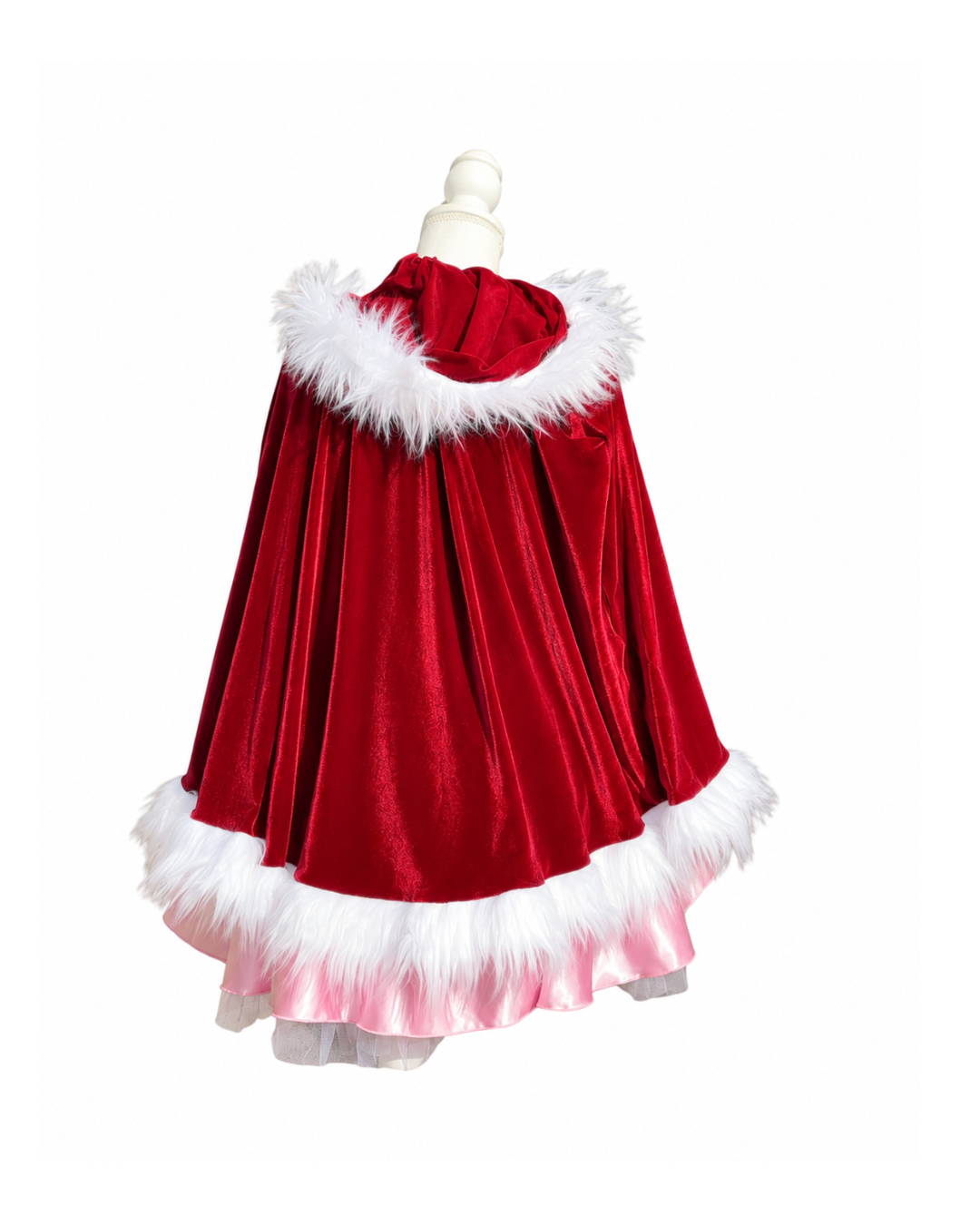 Back view of pink satin and burgundy velvet Christmas running skirt with oversized light pink satin bow.