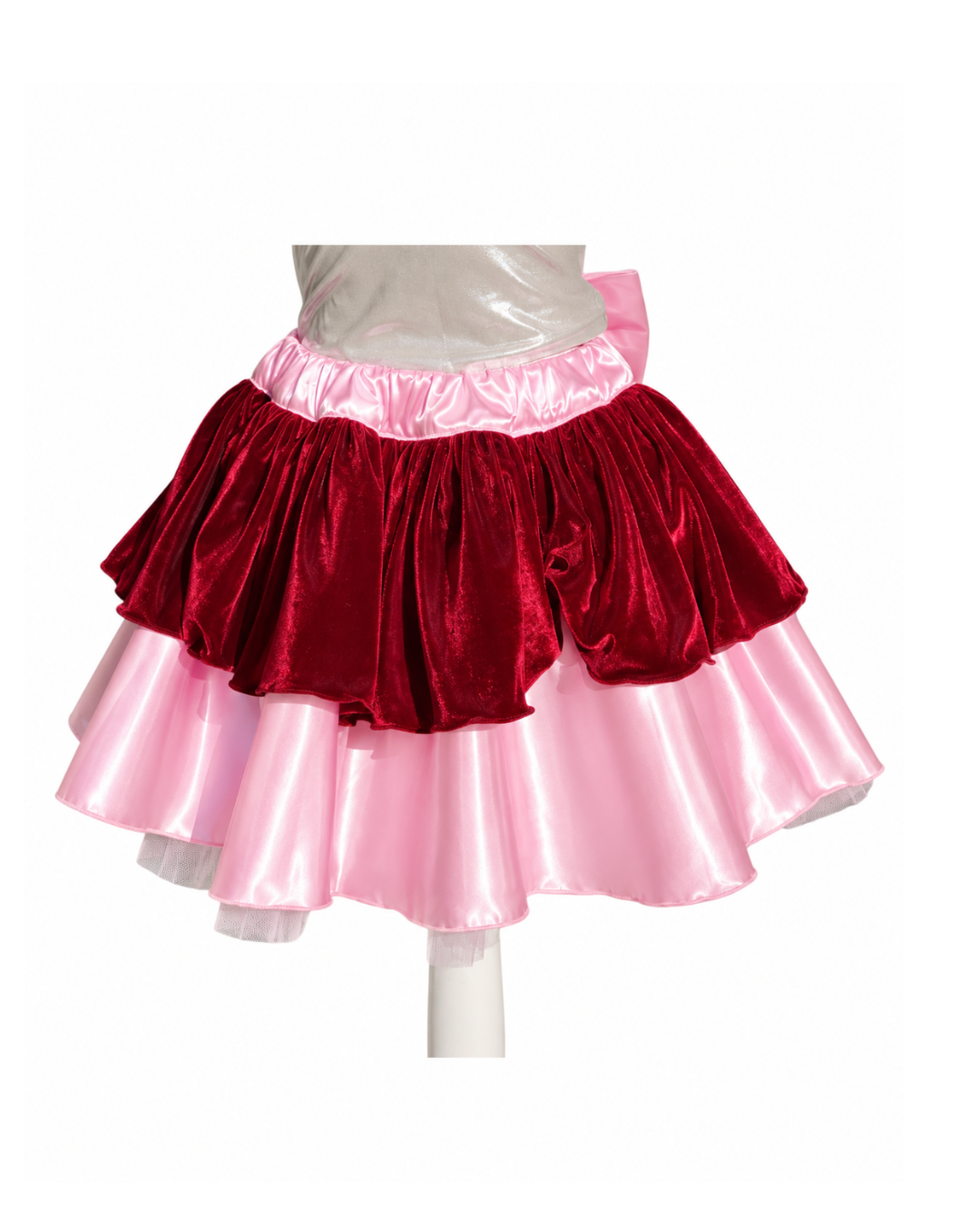Light pink satin running skirt with burgundy velvet overlay and matching light pink satin waistband.