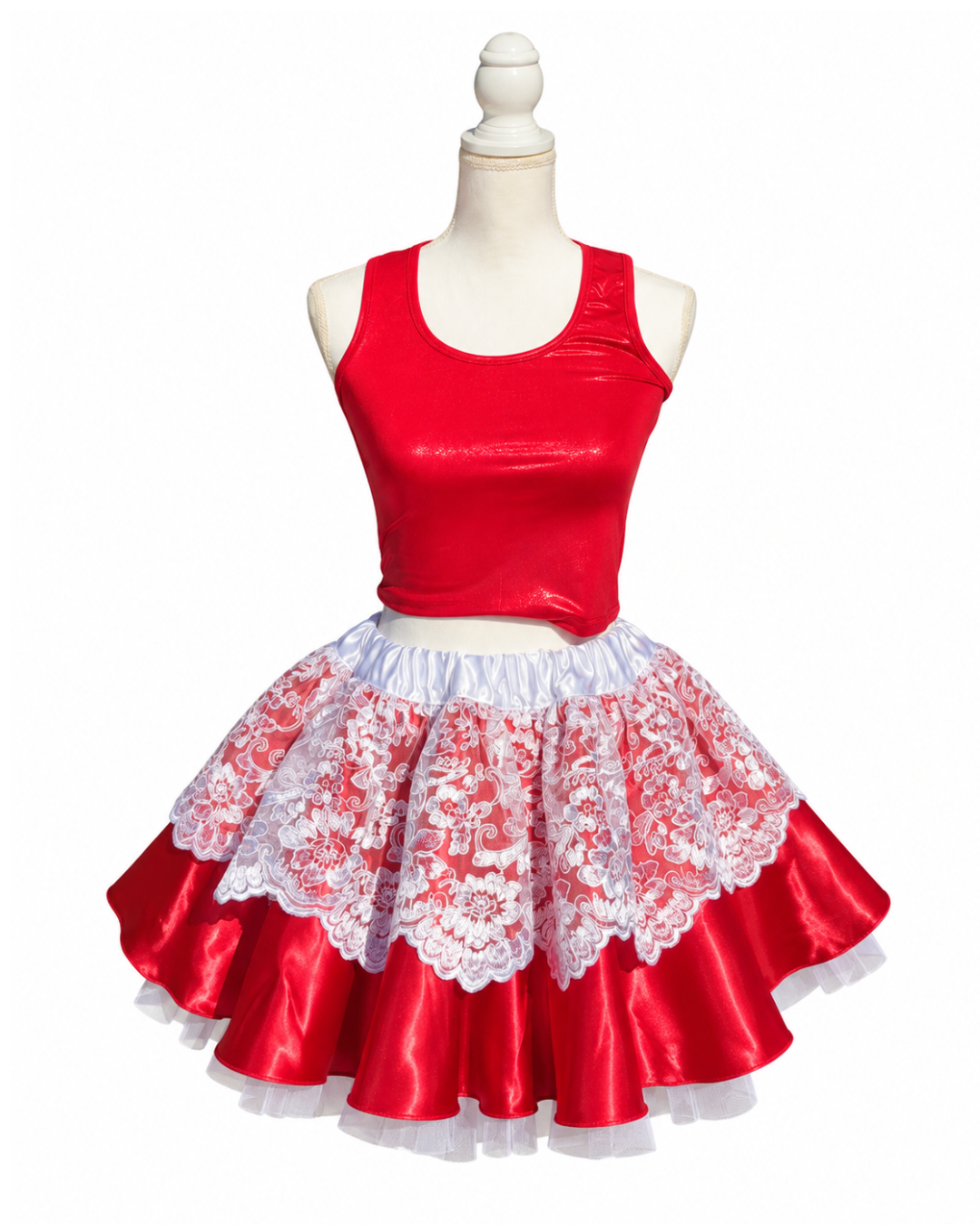 Red satin Christmas running skirt with delicate white lace overlay and white satin waistband, paired with a red running top.
